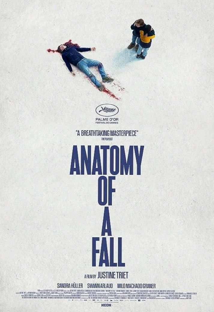 "Affiche du film 'Anatomy of a Fall' montrant des éléments clés du thriller judiciaire"