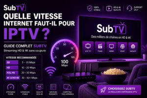 Promo banner for SubTV IPTV with neon purple design featuring the French headline about needed internet speed and a 100 Mbps gauge animation SubTV logo purple glow and speed scale