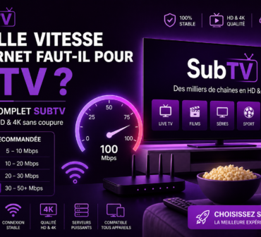 Promo banner for SubTV IPTV with neon purple design featuring the French headline about needed internet speed and a 100 Mbps gauge animation SubTV logo purple glow and speed scale