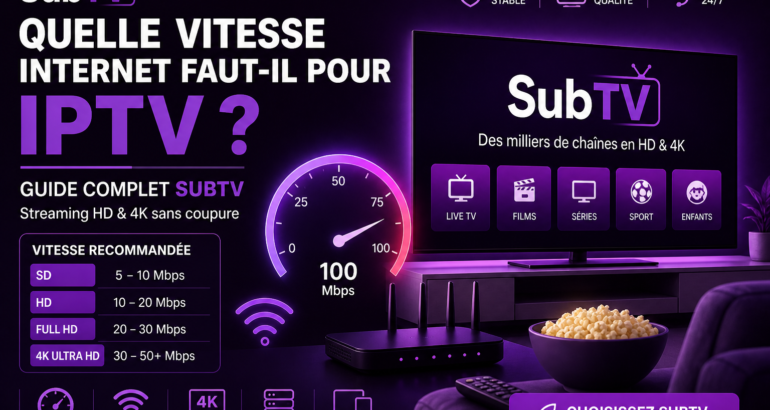 Promo banner for SubTV IPTV with neon purple design featuring the French headline about needed internet speed and a 100 Mbps gauge animation SubTV logo purple glow and speed scale